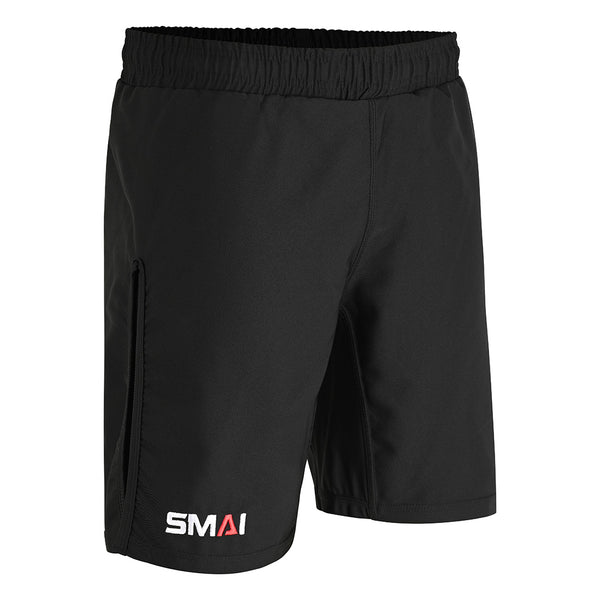 The SMAI Hybrid MMA Grappling Shorts in black feature an elastic waistband, side slit, and "SMAI" printed in white and red on the left leg—ideal for sports, training, or MMA grappling sessions.