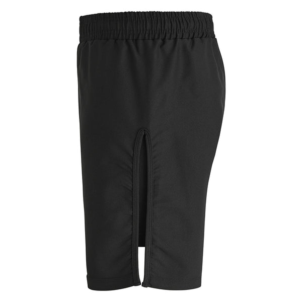 The SMAI Hybrid MMA Grappling Shorts in black have an elastic waistband and a vertical back slit, shown against a white background.