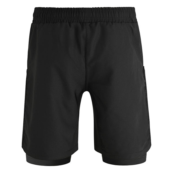 The SMAI Hybrid MMA Grappling Shorts - Black feature an elastic waistband, two side pockets, and a fitted inner layer extending below the hem, shown against a plain white background.