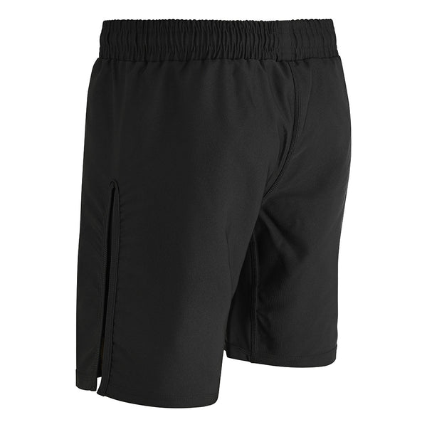 SMAI Hybrid MMA Grappling Shorts in black, featuring an elastic waistband and side leg slit, displayed from rear and side angles on a white background.