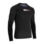 The SMAI Long Sleeve Rash Guard - Black features a crew neck, visible seam stitching for durability and comfort, and displays the white and red SMAI logo on the chest. Ideal for no-gi BJJ training.