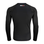 The SMAI Long Sleeve Rash Guard - Black is shown from the back, with the SMAI logo in white, red, and gray near the neckline—ideal for no-gi grappling or use as a BJJ rashguard.