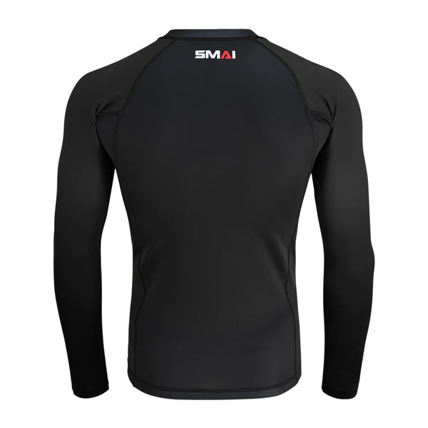 The SMAI Long Sleeve Rash Guard - Black is shown from the back, with the SMAI logo in white, red, and gray near the neckline—ideal for no-gi grappling or use as a BJJ rashguard.
