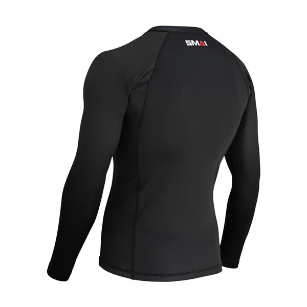 The SMAI Long Sleeve Rash Guard - Black is shown from the back with a small neckline logo. Its fitted design and subtle stitching make it perfect for no-gi grappling or as an MMA compression shirt.