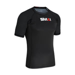 The SMAI Short Sleeve Rash Guard in black features the white and red SMAI logo on the chest, ideal for no-gi BJJ training, shown on a plain white background.