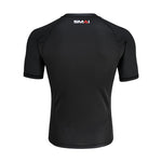The SMAI Short Sleeve Rash Guard - Black is shown from the back, featuring a white and red "SMAI" logo below the collar. Its fitted design and black stitching make it ideal for BJJ or no-gi grappling.