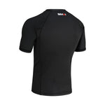 Back view of the SMAI Short Sleeve Rash Guard - Black, featuring white and red branding near the upper back neckline. The fitted design and visible seams make it perfect for no-gi grappling.