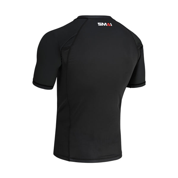 Back view of the SMAI Short Sleeve Rash Guard - Black, featuring white and red branding near the upper back neckline. The fitted design and visible seams make it perfect for no-gi grappling.