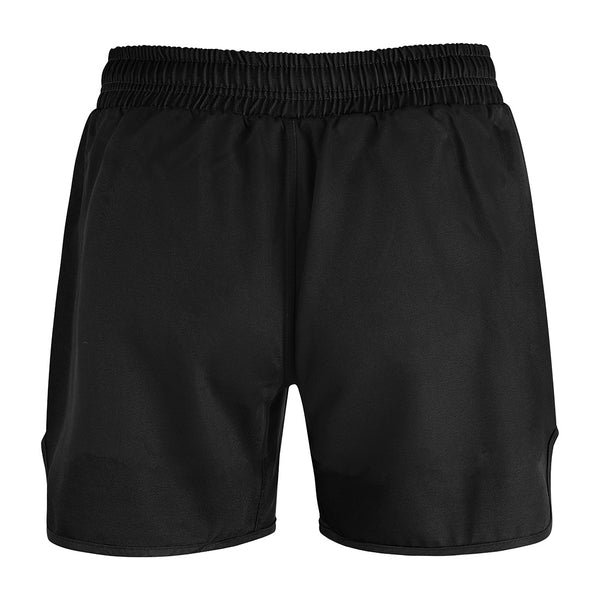 The SMAI MMA Grappling Shorts in black feature a plain front view, elastic waistband, and polycotton fabric with a stretch gusset for comfort and flexibility, shown against a white background in an unadorned design.