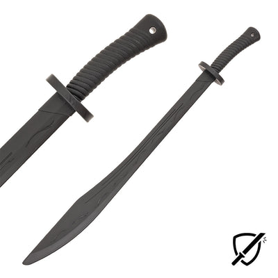 The SMAI Large Kung Fo Dao / Broadsword - Unbreakable features a black, straight blade with subtle wave patterns and a ribbed handle, shown from two angles with a small shield and sword icon in the bottom right.