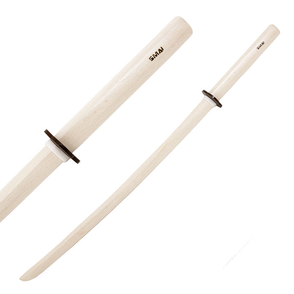 The SMAI Bokken - White Oak Stained Beechwood is a light-colored wooden sword set with a matching scabbard, black plastic guard, and white collar—perfect for martial arts training. "SMAI" is printed near the handles.
