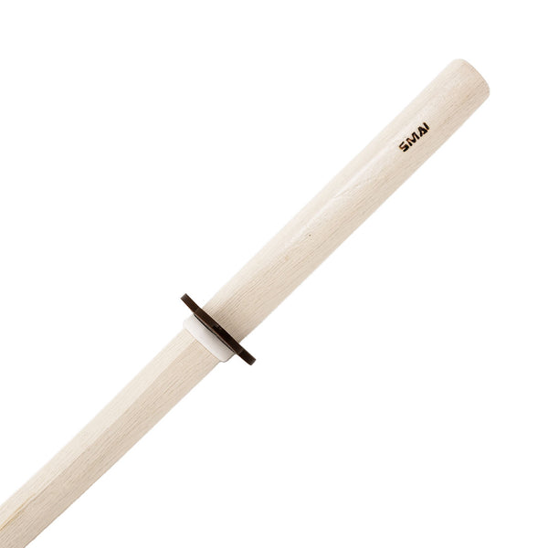 The SMAI Bokken - White Oak Stained Beechwood is a wooden sword with a round hand guard and "SMAI" branding near the handle, perfect for martial arts training.