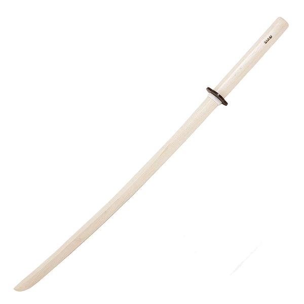 The SMAI Bokken - White Oak Stained Beechwood is a wooden sword with a curved blade and rounded guard, ideal for martial arts training.