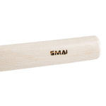 A close-up of SMAI’s Bokken - White Oak Stained Beechwood, featuring the brand name engraved on its smooth surface, resembling a traditional Japanese wooden sword for martial arts training.