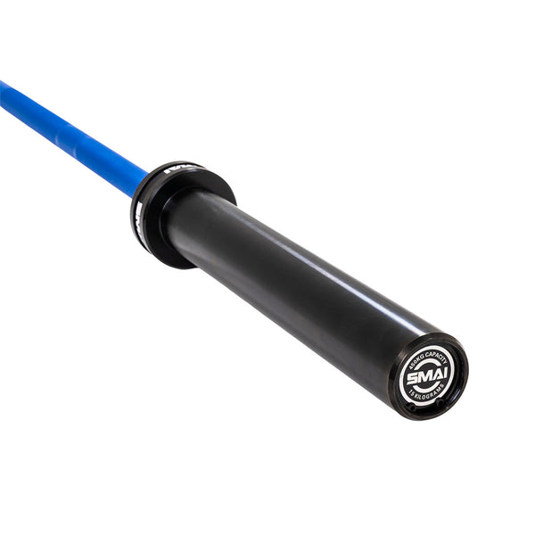 Close-up of the SMAI Barbell - Blue Ceramic Coat - 15kg, featuring a rust-resistant finish, black steel sleeve, and branded end cap for durability and style.