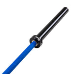 A close-up of the SMAI Barbell - Blue Ceramic Coat - 20kg, featuring a blue knurled grip, smooth black sleeve, and "SMAI" branding on the collar—ideal for weightlifting or strength training.
