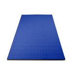 The SMAI Dollamur Flexi Connect Gym Flooring Roll in royal blue is a rectangular mat with athletic foam technology, black edges, and a textured surface for enhanced grip and comfort, displayed on a white background.