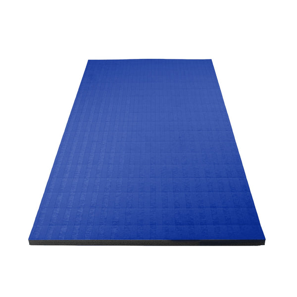 The SMAI Dollamur Flexi Connect Gym Flooring Roll in royal blue is a rectangular mat with athletic foam technology, black edges, and a textured surface for enhanced grip and comfort, displayed on a white background.