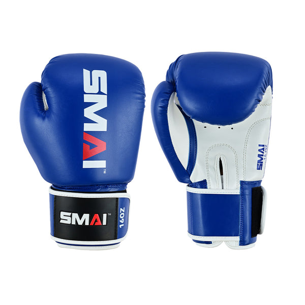 Two Essentials Boxing Gloves - Blue by SMAI are shown palm up and palm down, featuring white and black accents. The SMAI brand name is printed in white and red on the gloves and wrist straps.