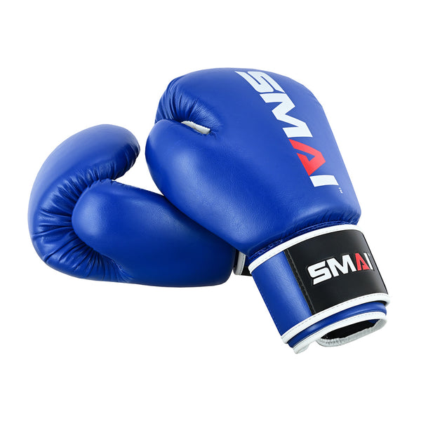 The SMAI Essentials Blue Boxing Glove is designed for sparring and features the brand name "SMAI" in white and red on the wrist strap and back of each glove.