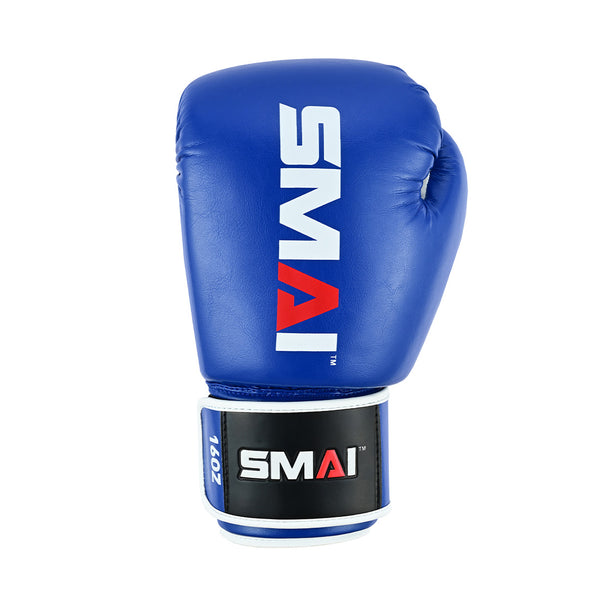 The Essentials Boxing Glove - Blue by SMAI features the white and red "SMAI" logo on the top and wrist strap, shown against a white background.