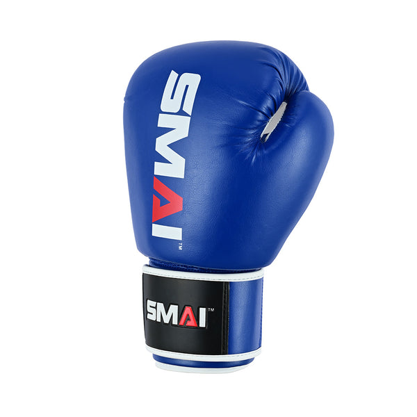 A single Essentials Boxing Glove - Blue from SMAI, featuring the brand’s white and red logo, displayed against a plain white background.