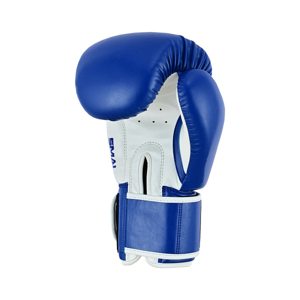 The SMAI Essentials Boxing Glove in blue features a Velcro strap and is displayed upright against a plain white background.