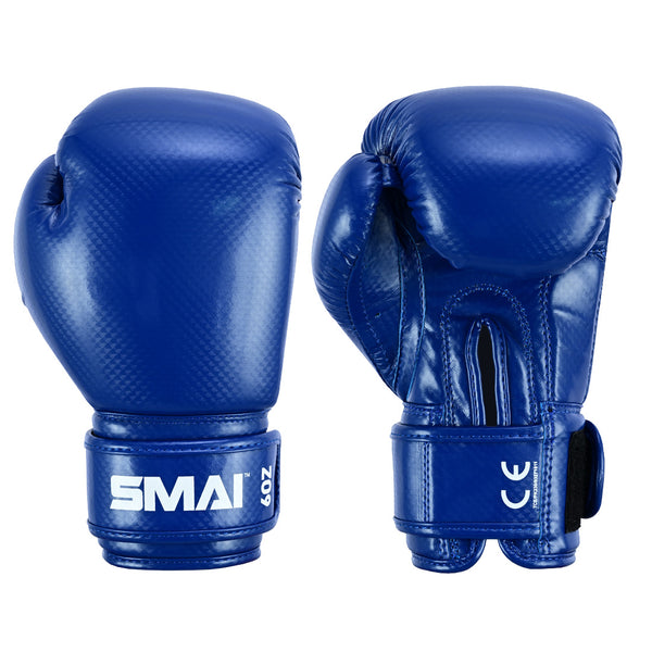 The SMAI PRE ORDER: Essentials Kids Boxing Glove - Blue features wrist support, velcro fastening, a glossy finish, and displays the SMAI logo on the straps. Shown are front and back views of these kids’ boxing gloves.
