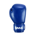 The SMAI PRE ORDER: Essentials Kids Boxing Glove - Blue features a textured surface, "SMAI" branding, and "10oz" in white on the wrist strap, offering great wrist support for kids—shown against a plain white background.