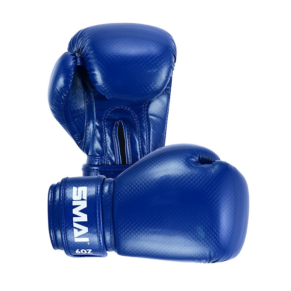 A pair of SMAI Essentials Kids Boxing Gloves in shiny blue, with "SMAI" and "6oz" printed in white on the wrist strap for support—one glove stands upright, the other lies on its side. PRE ORDER now.