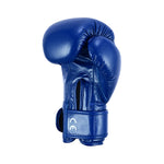 The SMAI PRE ORDER: Essentials Kids Boxing Glove - Blue is shown upright against a plain white background, featuring shiny textured material and excellent wrist support.