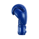 The SMAI PRE ORDER: Essentials Kids Boxing Glove - Blue is displayed upright on a white background, showcasing its shiny material and comfortable wrist support.