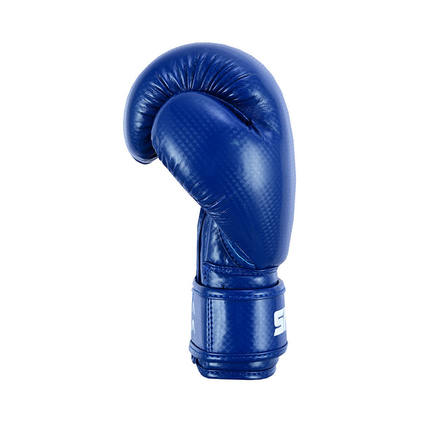 The SMAI PRE ORDER: Essentials Kids Boxing Glove - Blue is displayed upright on a white background, showcasing its shiny material and comfortable wrist support.