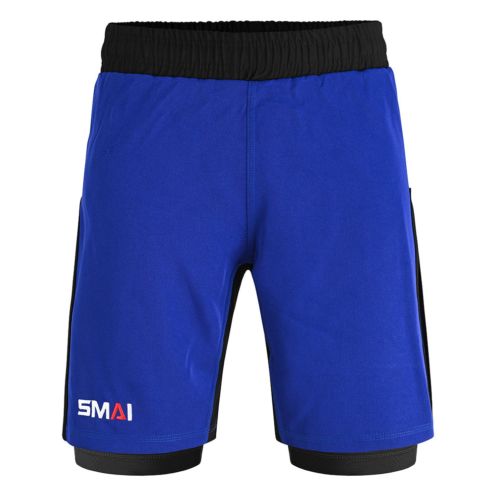 The SMAI Hybrid MMA Grappling Shorts in black and blue feature a black waistband, inner lining, and the SMAI logo on the lower left leg. Made from lightweight, durable fabric, they're ideal for intense training sessions.