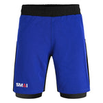 The SMAI Hybrid MMA Grappling Shorts in black and blue feature a black waistband, inner lining, and the SMAI logo on the lower left leg. Made from lightweight, durable fabric, they're ideal for intense training sessions.