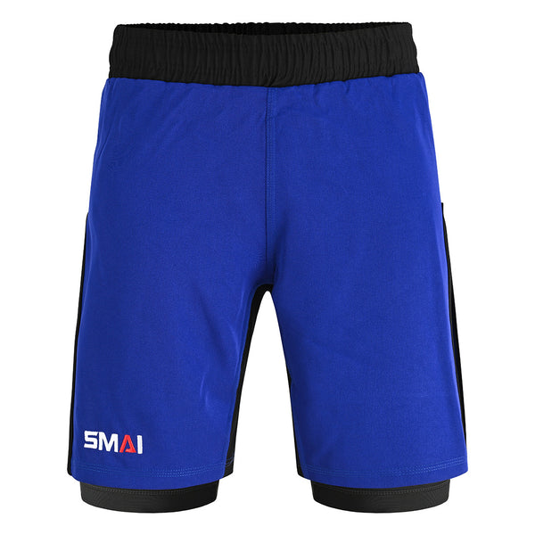 The SMAI Hybrid MMA Grappling Shorts in black and blue feature a black waistband, inner lining, and the SMAI logo on the lower left leg. Made from lightweight, durable fabric, they're ideal for intense training sessions.