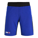 The SMAI Hybrid MMA Grappling Shorts in black and blue feature a black elastic waistband, black side panels, and the multicolor "SMAI" logo on the left leg. Durable training shorts displayed on a plain white background.