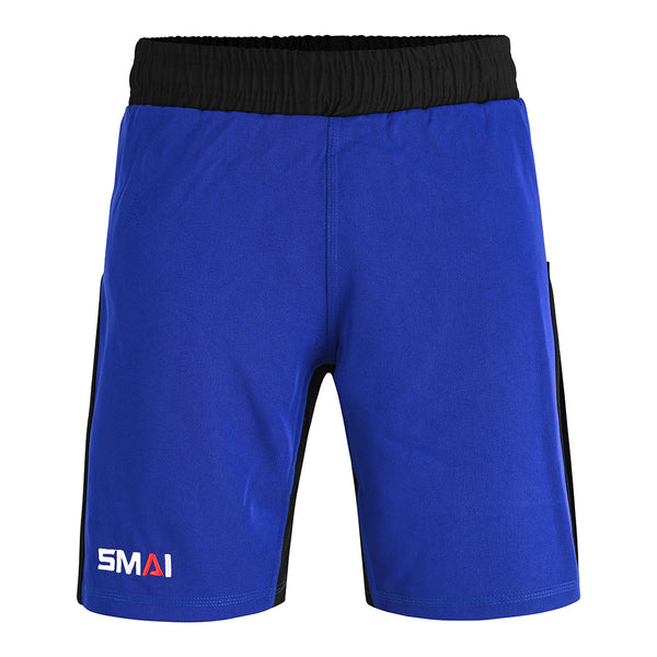 The SMAI Hybrid MMA Grappling Shorts in black and blue feature a black elastic waistband, black side panels, and the multicolor "SMAI" logo on the left leg. Durable training shorts displayed on a plain white background.