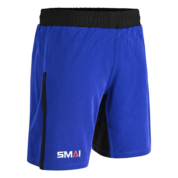 SMAI Hybrid MMA Grappling Shorts in black and blue feature a black elastic waistband, black side accents, and the SMAI logo in white, orange, and gray on the left leg. Perfect for durable training.