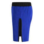 The SMAI Hybrid MMA Grappling Shorts in black and blue feature a knee-length design, black elastic waistband, and front center slit edged in black, inspired by the comfort and flexibility of durable training shorts.