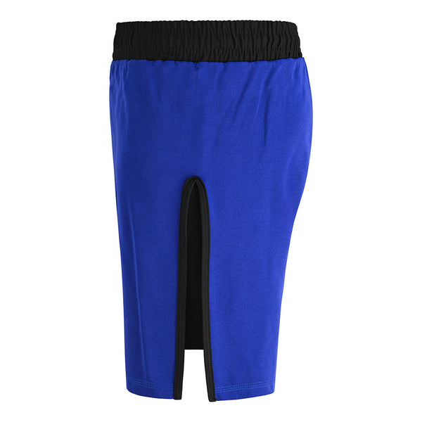 The SMAI Hybrid MMA Grappling Shorts in black and blue feature a knee-length design, black elastic waistband, and front center slit edged in black, inspired by the comfort and flexibility of durable training shorts.