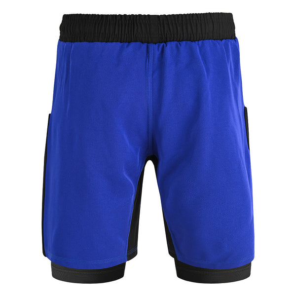 The SMAI Hybrid MMA Grappling Shorts in black and blue feature a fitted underlayer extending below the main shorts, with a black waistband and side panels. Durable training shorts are shown on a plain white background.
