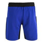 The SMAI Hybrid MMA Grappling Shorts in black and blue feature a durable design with a black elastic waistband and side panels, shown against a plain white background.