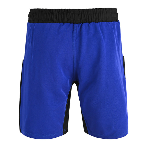 The SMAI Hybrid MMA Grappling Shorts in black and blue feature a durable design with a black elastic waistband and side panels, shown against a plain white background.