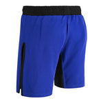 The SMAI Hybrid MMA Grappling Shorts in black and blue feature a black elastic waistband and side panels, shown from the back at a three-quarter angle.