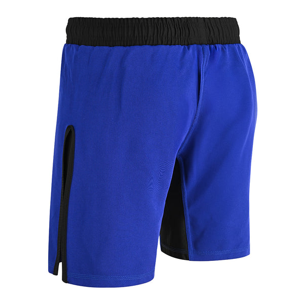The SMAI Hybrid MMA Grappling Shorts in black and blue feature a black elastic waistband and side panels, shown from the back at a three-quarter angle.