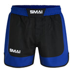 The SMAI MMA Grappling Shorts - Black / Blue feature an elastic waistband, white "SMAI" logo, durable polycotton, Velcro closure, side slits for mobility, and a stretch fabric gusset.