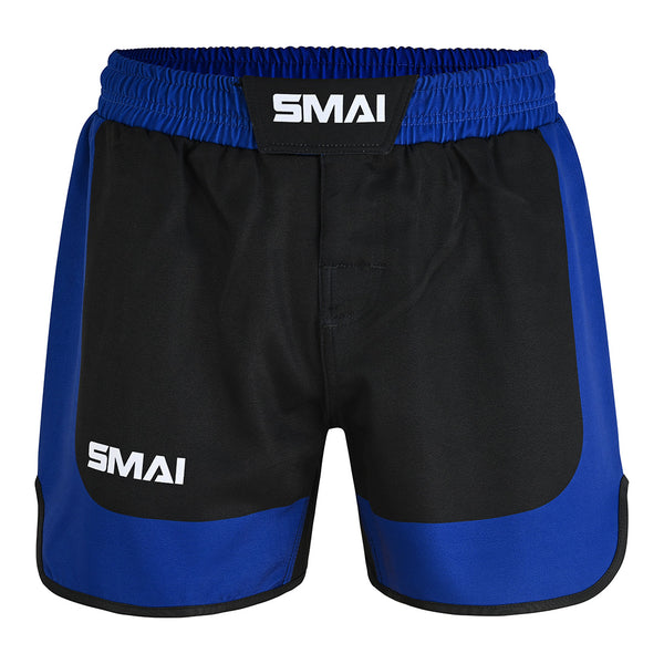 The SMAI MMA Grappling Shorts - Black / Blue feature an elastic waistband, white "SMAI" logo, durable polycotton, Velcro closure, side slits for mobility, and a stretch fabric gusset.