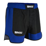 The SMAI MMA Grappling Shorts - Black / Blue feature polycotton construction, split hem, elastic waistband, and stretch fabric gusset for comfort. "SMAI" is printed in white on the waistband and left leg.
