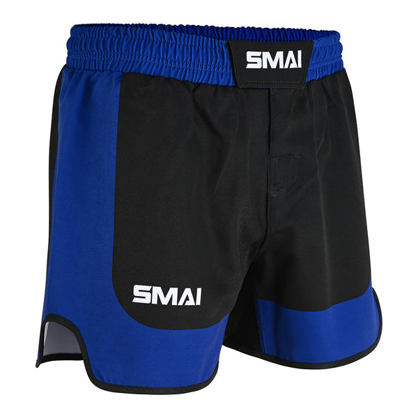 The SMAI MMA Grappling Shorts - Black / Blue feature polycotton construction, split hem, elastic waistband, and stretch fabric gusset for comfort. "SMAI" is printed in white on the waistband and left leg.